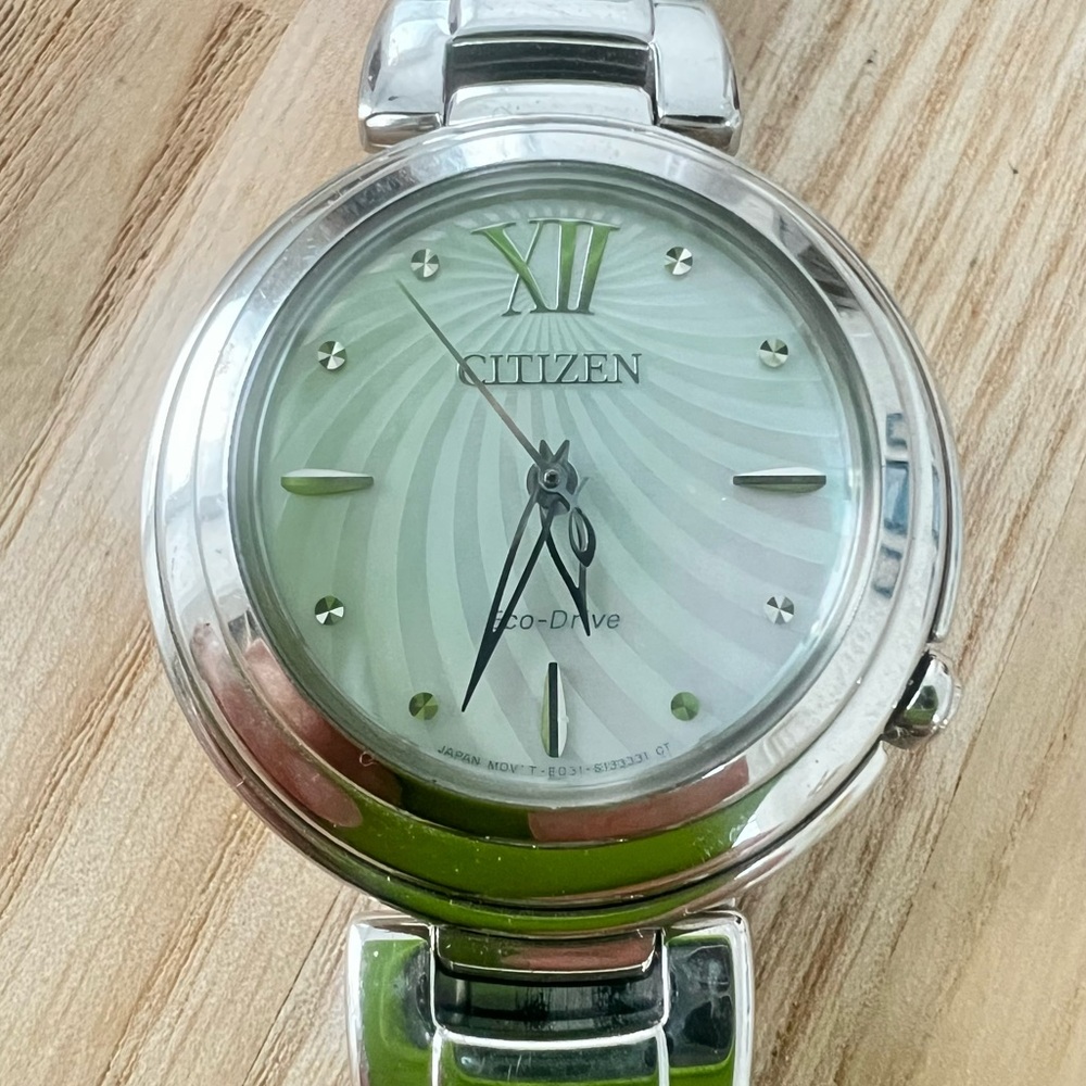 Citizen eco-drive ladies mother of pearl stainless steel solar dress watch